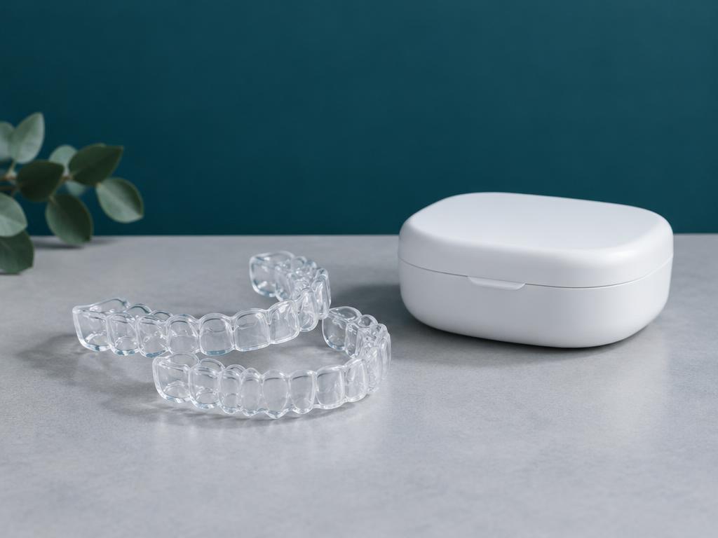 Illustrative transparent dental trays and an unbranded storage case