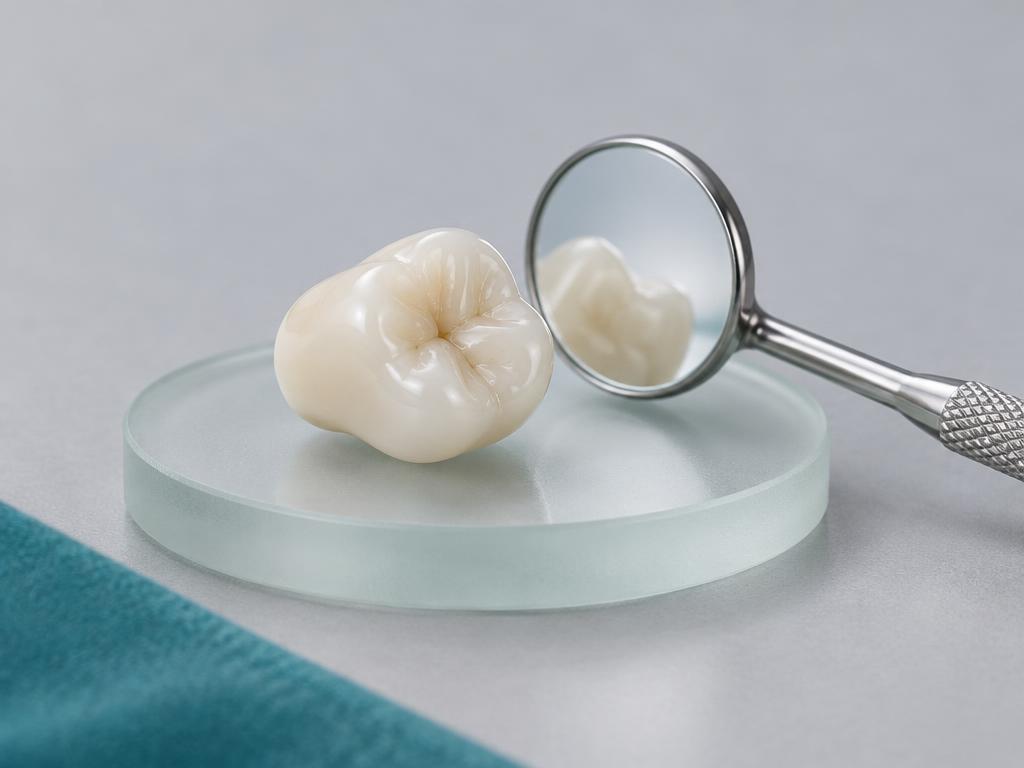 Illustrative ceramic dental crown beside a dental mirror